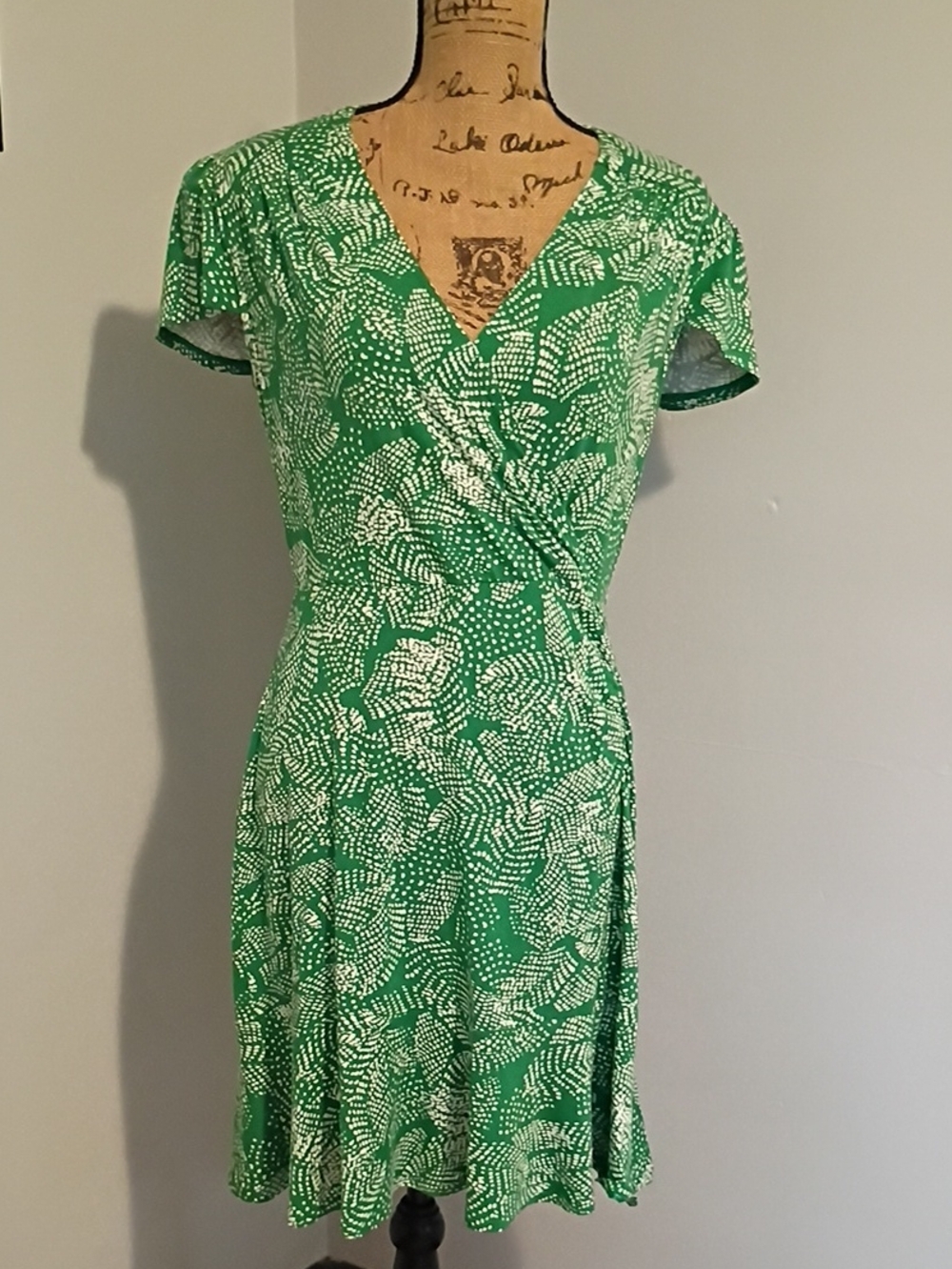 CAbi Green and White V-Neck Short Sleeve Wrap Dress